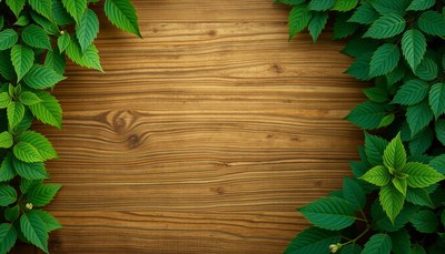 Green leaves framing rustic wooden background