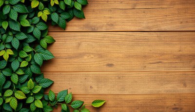 Green leaves on rustic wooden surface