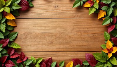 Autumn leaves surrounding wooden background