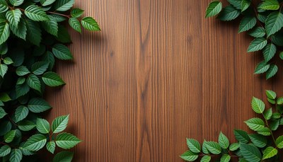 Green leaves on dark wooden surface