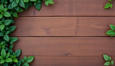 Green leaves framing brown wooden surface background