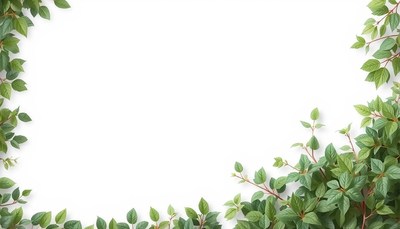 Green leaves border on white background