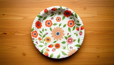 Decorative paper plate with floral design on wooden table