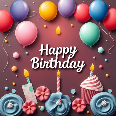 Happy birthday card with balloons and cupcakes