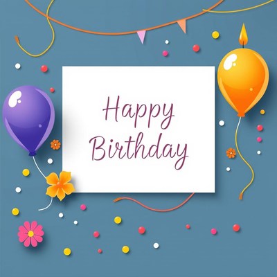 Happy birthday card with balloons and confetti