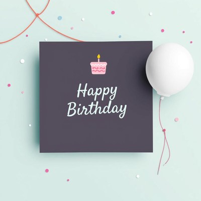 Happy birthday card with balloon and confetti