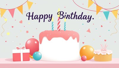 Happy birthday cake with candles and balloons