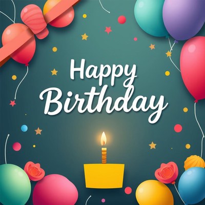 Happy birthday card with balloons and cake