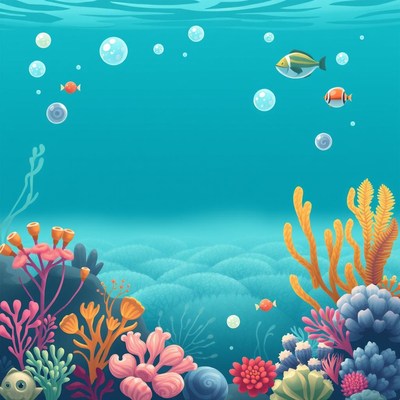Colorful reef with fish and bubbles