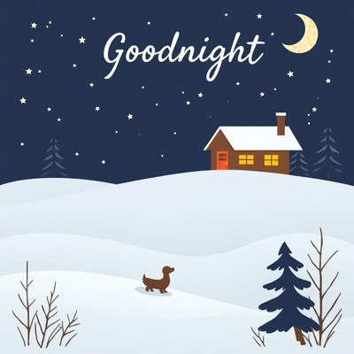 Dog and cabin in snowy night