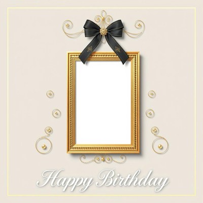 Gold frame with black bow for birthday greeting