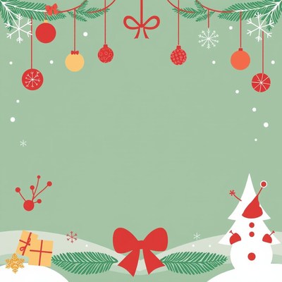 Green christmas card with ornaments and snowman