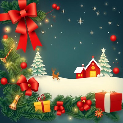 A festive winter scene with a red house