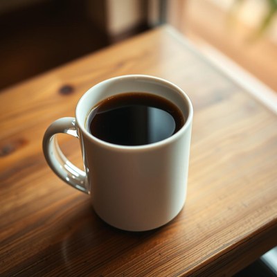 A cup of coffee on a wooden table