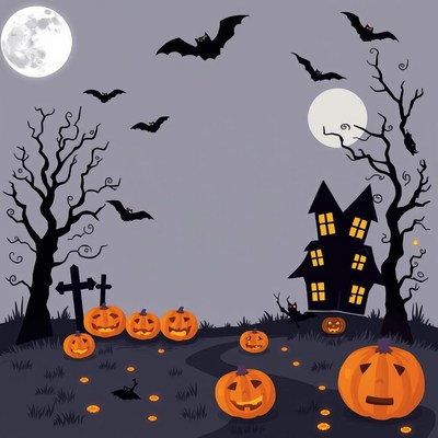 Haunted house and pumpkins on halloween night