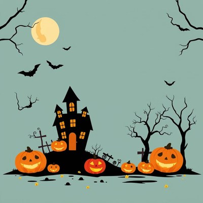 Haunted house and pumpkins on halloween night