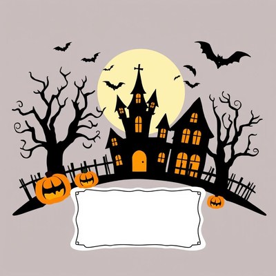 Haunted house with full moon and bats