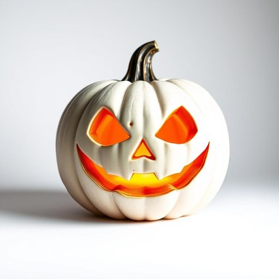 Lit white pumpkin jack-o'-lantern
