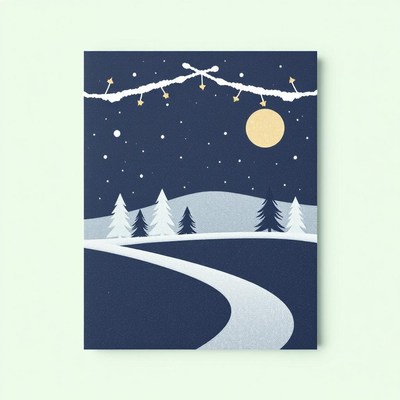 Snowy night landscape with road and moon