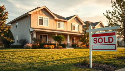 Sold house with green lawn in the evening