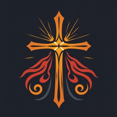 A golden cross with flames