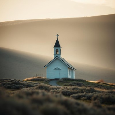 White church on a hill at sunset