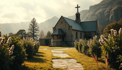 Stone church in mountain valley