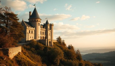A stone castle on a hilltop at sunset