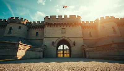 Stone castle gate with flag