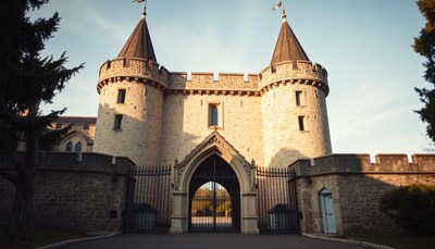 A stone castle gate at sunset