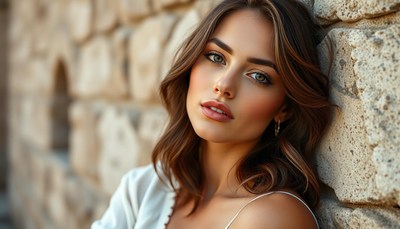 Woman with brown hair leaning against stone wall