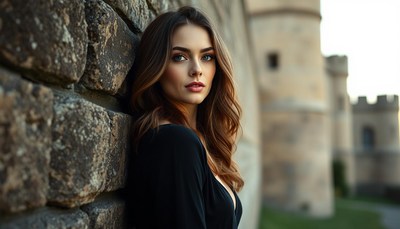 Woman leaning against stone wall