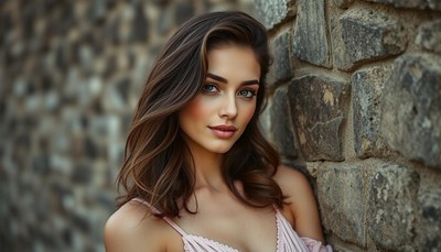 Woman leaning against stone wall