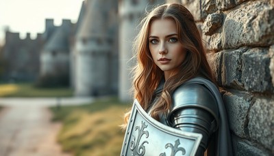 Woman in armor stands near a castle