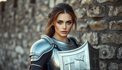 Woman in armor stands before stone wall
