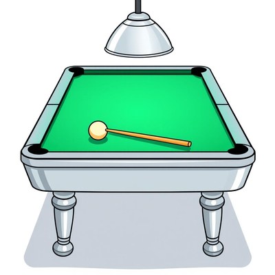 A pool table with a cue stick and ball