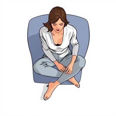 Woman sitting cross-legged in blue chair