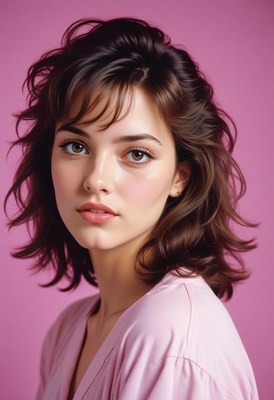 Woman with brown hair against pink background