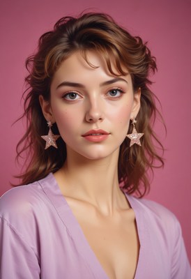 Woman with purple shirt and star earrings