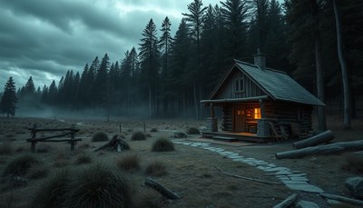 A cabin in the forest at dusk