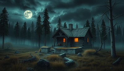 A cabin in the woods at night
