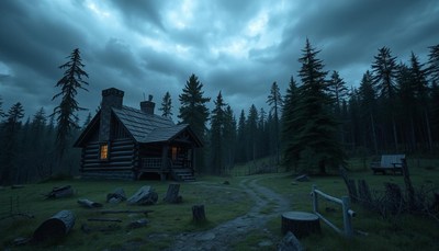 A cabin in the woods at twilight