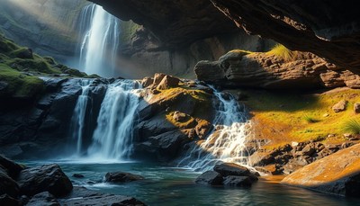 Waterfall under a rock overhang