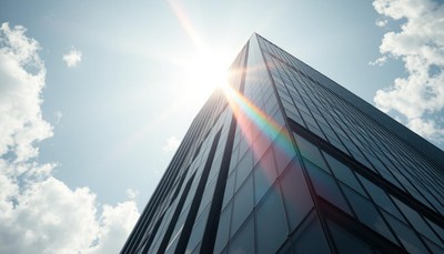 A modern skyscraper against a sunny sky