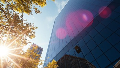 Sunny day in the city with a skyscraper
