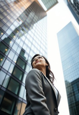Woman looking up at skyscrapers