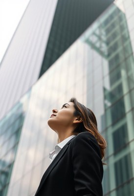 Woman looking up at skyscrapers