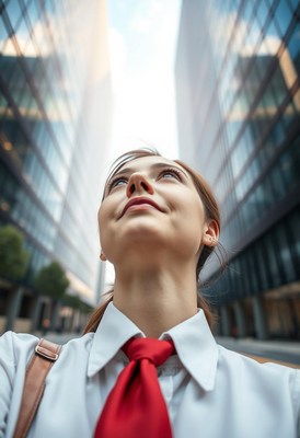 Woman looking up in city