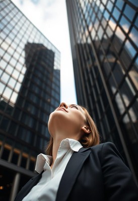 Woman looking up at skyscrapers