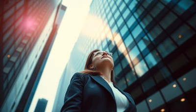Woman looking up at skyscrapers